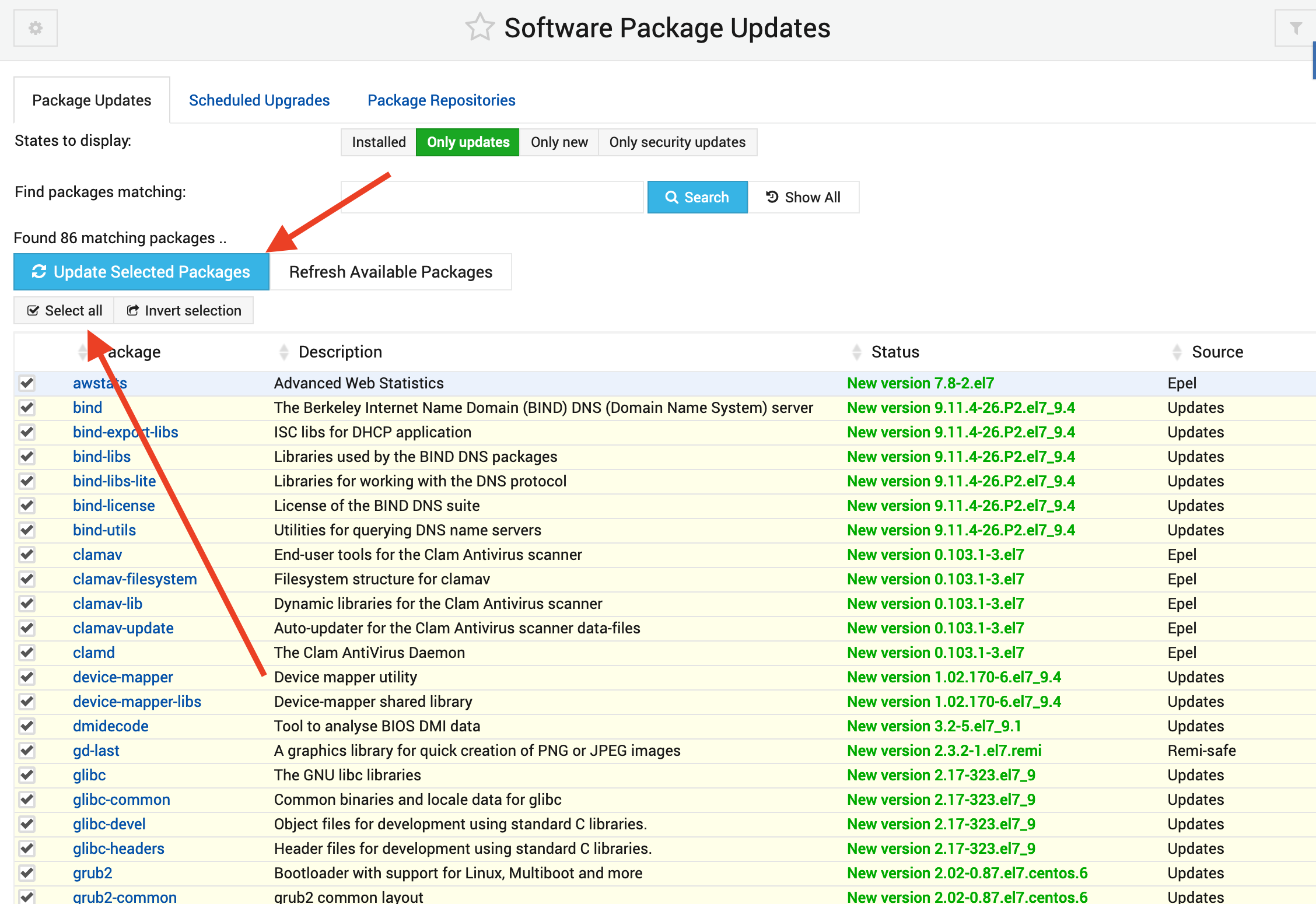 Webmin CentOs7 Update Package Portal